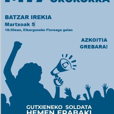 Batzar irekia: martxoaren 17ko greba orokorra prestatzeko bilera