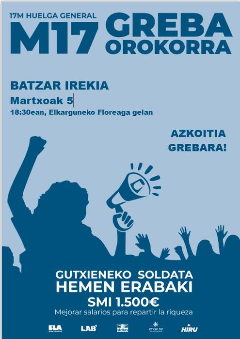 Batzar irekia: martxoaren 17ko greba orokorra prestatzeko bilera