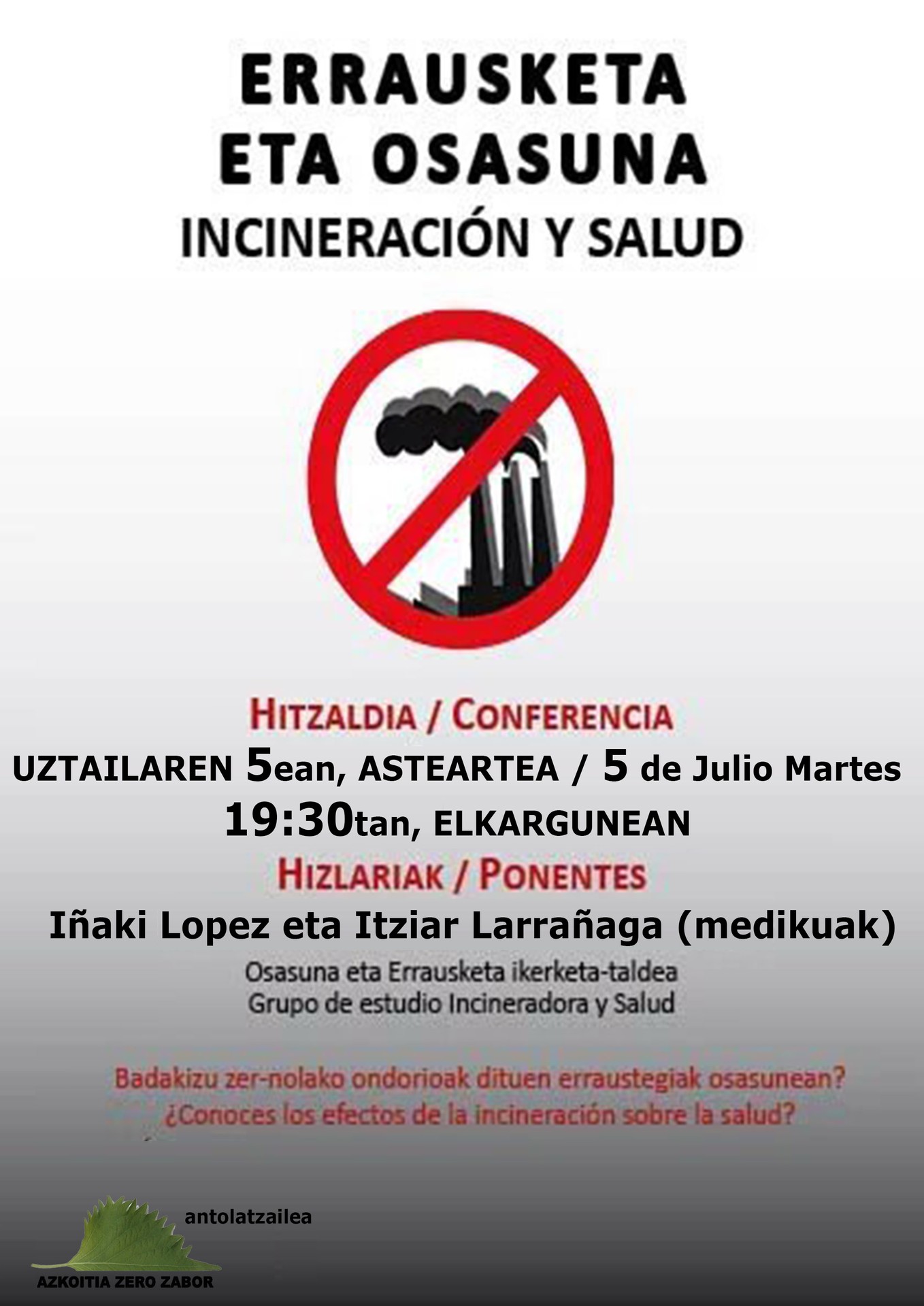 "Errausketa eta osasuna" hitzaldia antolatu du Azkoitia Zero Zaborrek