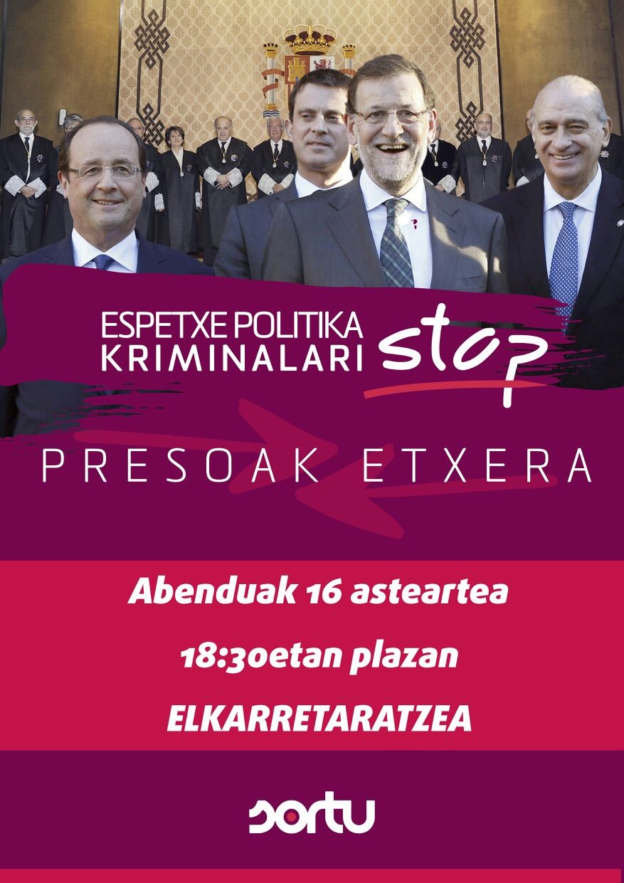 Espetxe politika salatzeko elkarretaratzea egingo da bihar, asteartea