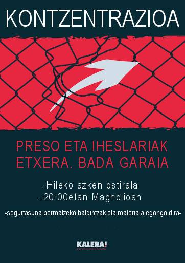 Preso eta iheslariak etxeratzearen aldeko elkarretaratzea izango da bihar