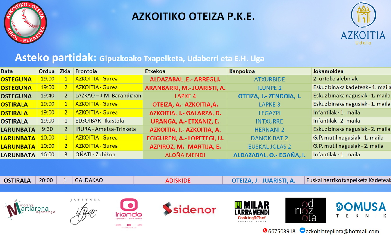 Aste honetako pilota partiden ordutegiak