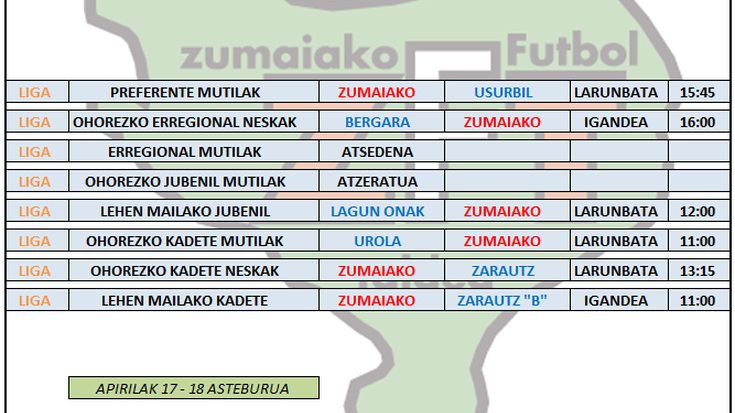 Asteburu honetako futbol partiden ordutegia