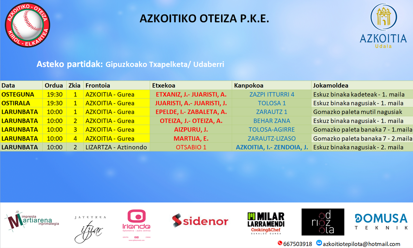 Aste honetako pilota partiden ordutegiak