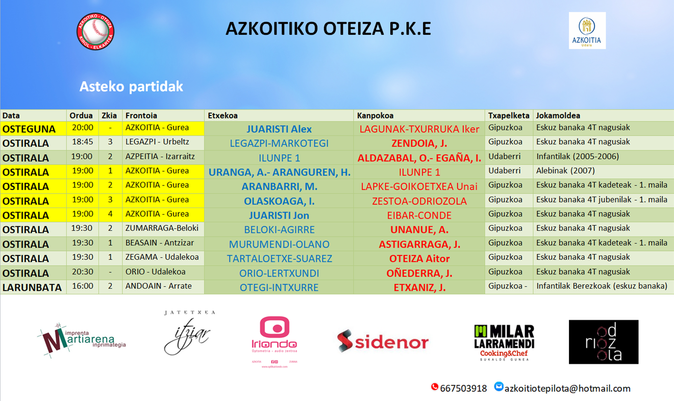 Aste honetako pilota partiden ordutegiak