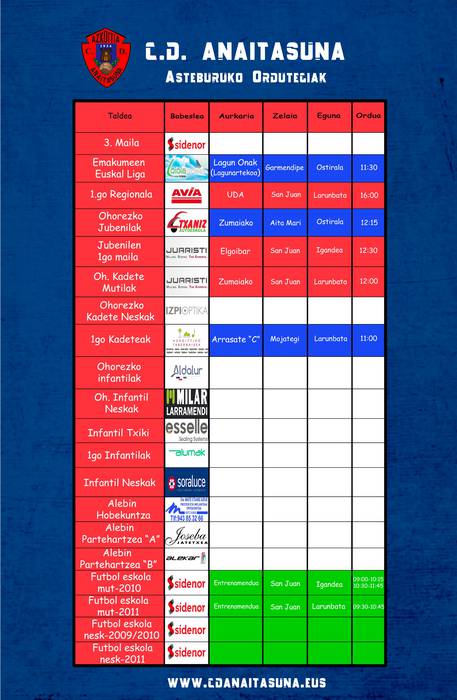 Anaitasunaren asteburuko futbol partiden ordutegiak