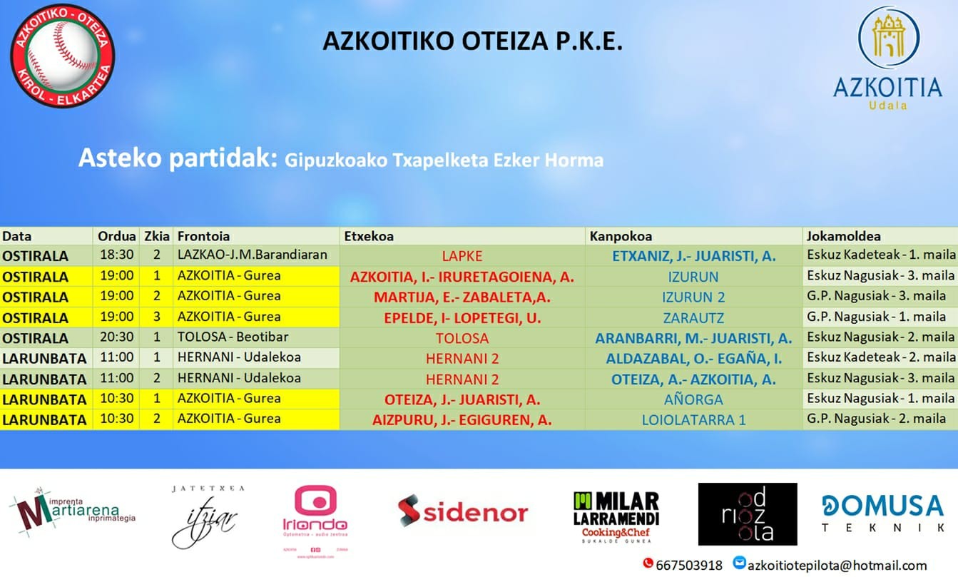 Aste honetako pilota partiden ordutegiak