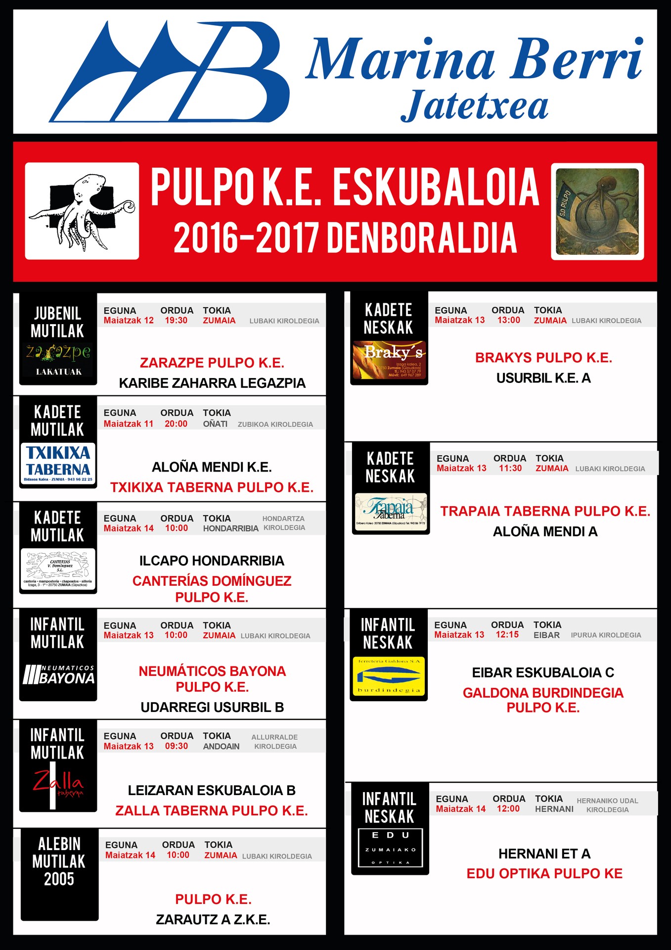 PULPO Eskubaloi taldeen aste bukaerako partiduak