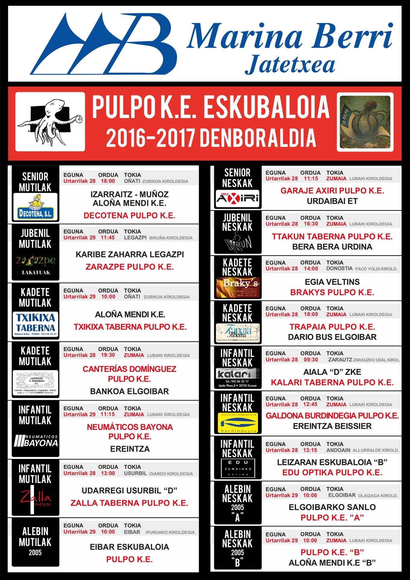 Pulpo Eskubaloiko partiduen ordutegia
