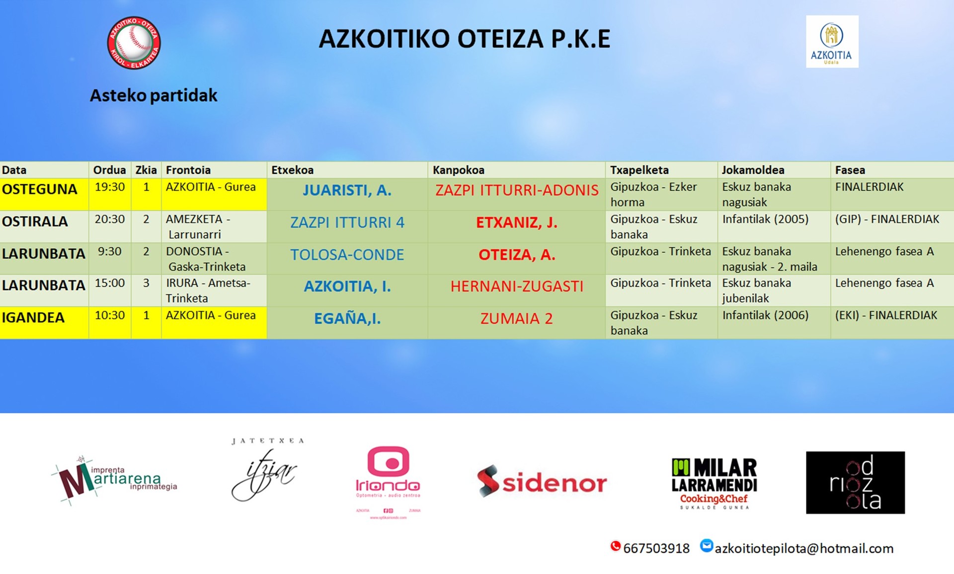 Abenduaren 20tik 23ra bitarteko pilota partidak