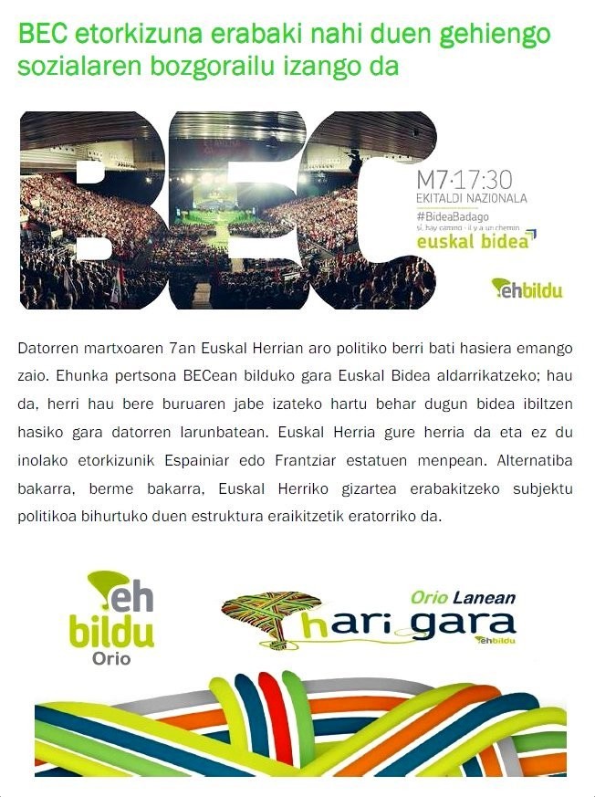 Euskal Bidea aldarrikatzeko bilduko gara BECen