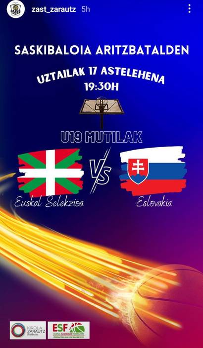 19 urtez azpiko nazioarteko saskibaloi partida: Euskadi-Eslovakia