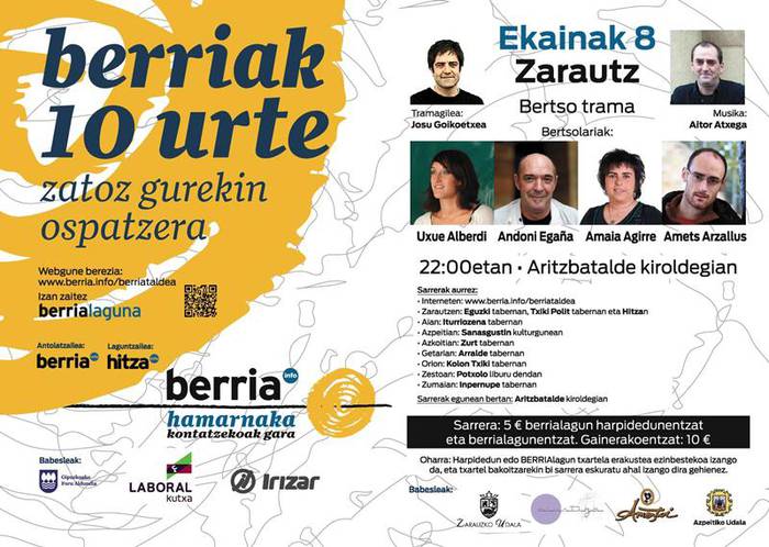 Berriaren hamargarren urteurreneko ekitaldia egingo da, larunbatean, Zarautzen.