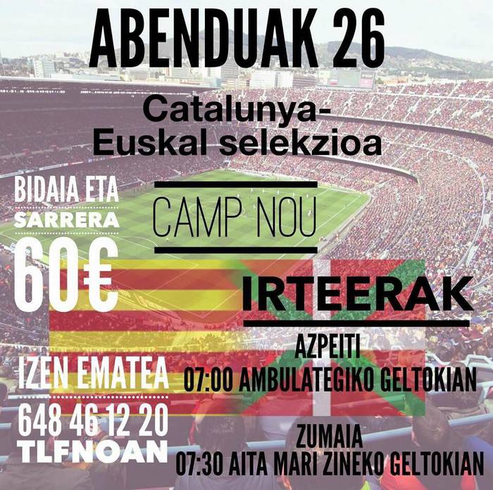 Catalunya eta Euskal selekzioaren arteko partidara autobusa antolatu dute Azpeititik eta Zumaiatik