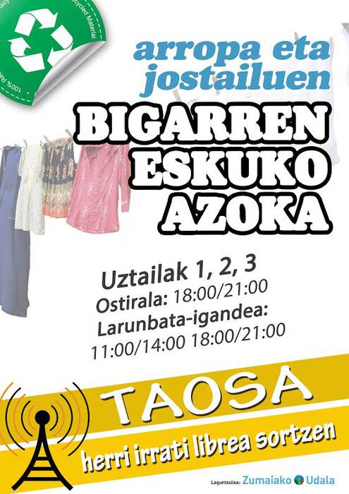 Arropa eta jostailuean bigarren eskuko azoka egingo da asteburuan