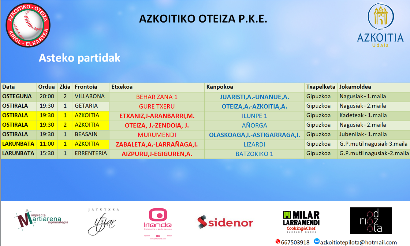 Aste honetako pilota partiden ordutegia