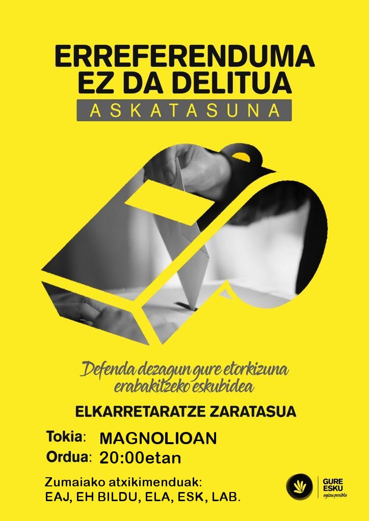 Kataluniako preso politikoen sententzia dela eta, elkarretaratzea deitu du Zumaiako Gure Eskuk