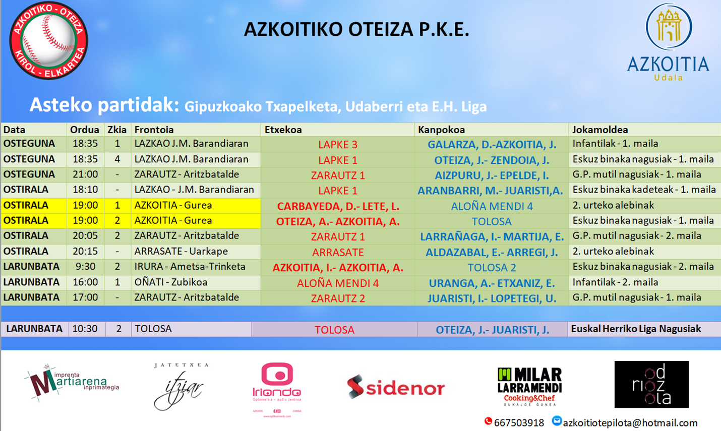 Aste honetako pilota partiden ordutegiak