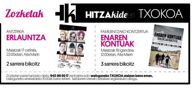 ZOZKETA. 'Erlauntza' antzezlanerako eta 'Enaren kontuak' kontzerturako sarrerak zozkatuko dira HITZAkideen artean