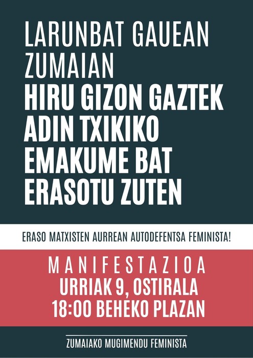 Hiru gizonek adin txikiko bati egindako erasoa salatzeko elkarretaratzea