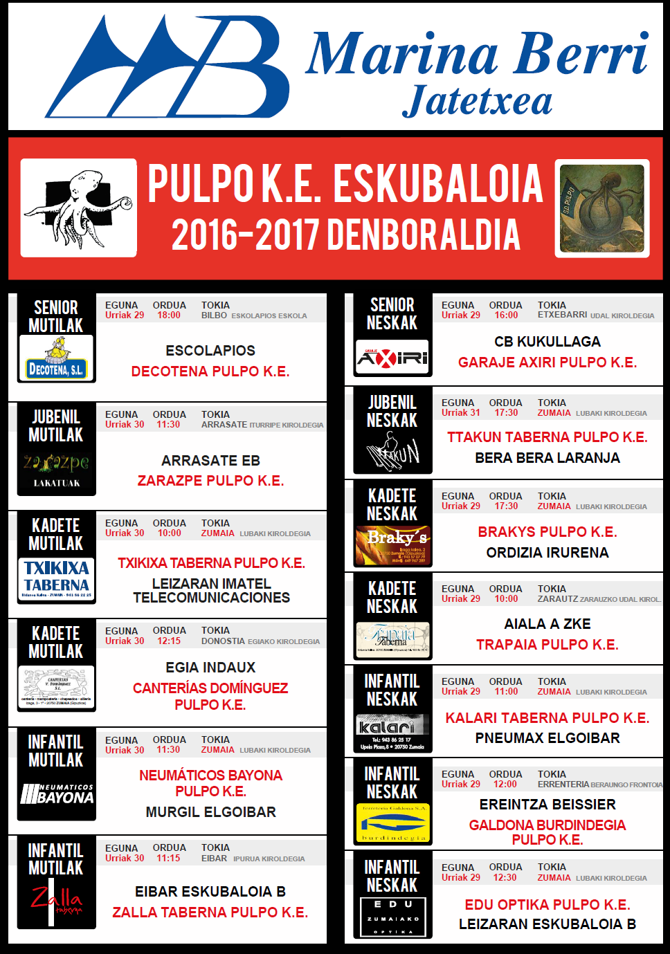 PULPO K.E eskubaloi taldeen aste bukaerako egutegia