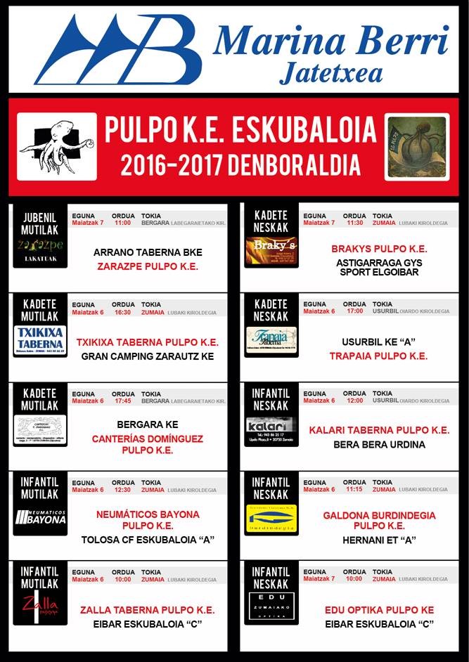 PULPO Eskubaloi taldeen aste bukaerako partiduak