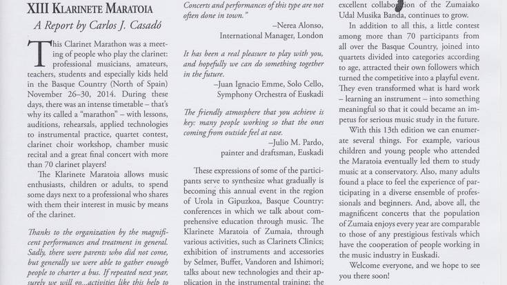 "The Clarinet Journal" nazioarteko aldizkarian Klarinete Maratoiari buruzko artikulua atera da 