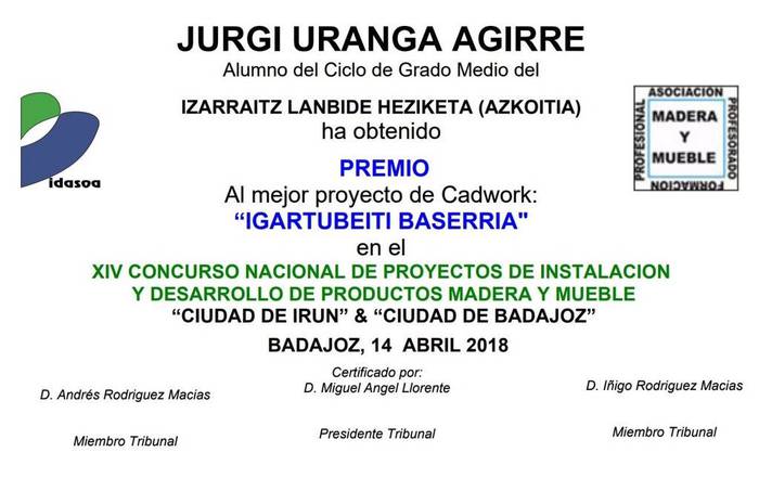 Jurgi Uranga azpeitiarrak lehen saria irabazi du 'Ciudad de Irun' &amp; 'Ciudad de Badajoz' altzari eta egur arloko produktuen garapeneko lehiaketan
