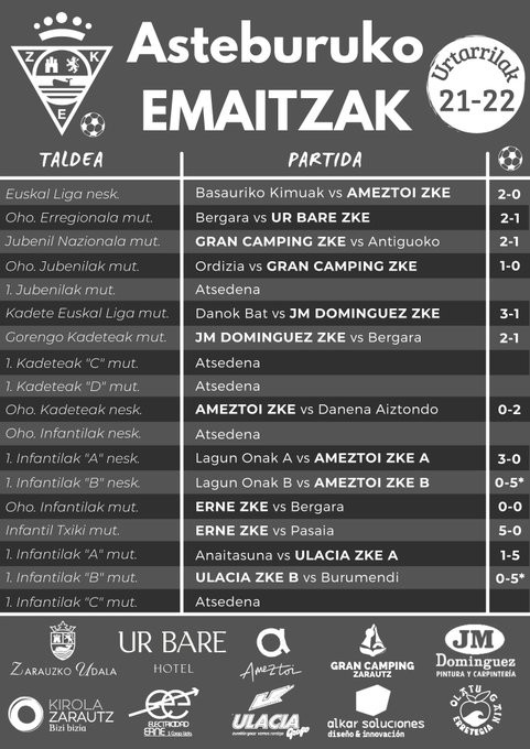 Zarautz Kirol Elkarteko futbol ataleko taldeen emaitzak