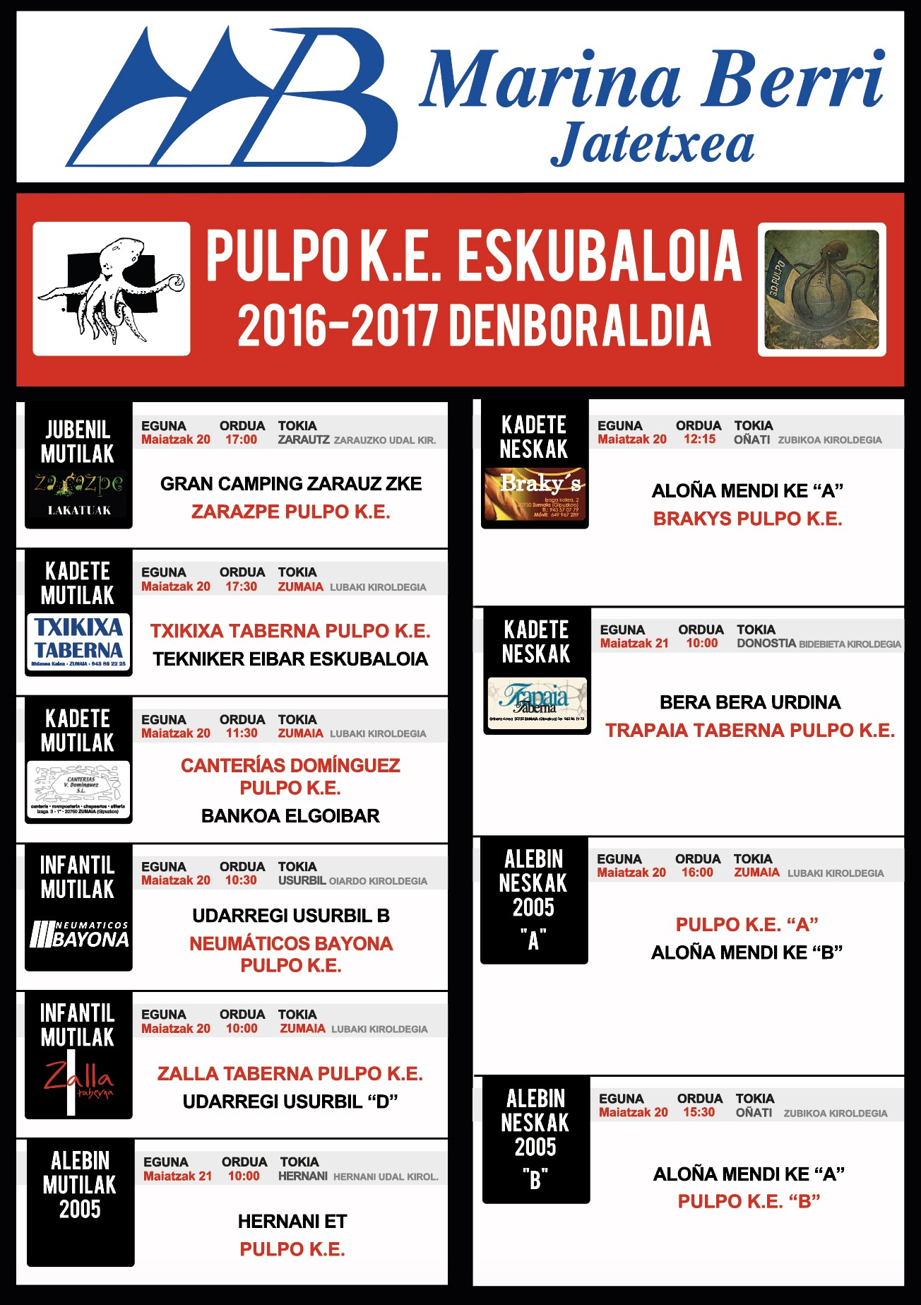 PULPO eskubaloi taldeen aste bukaerako partiduak