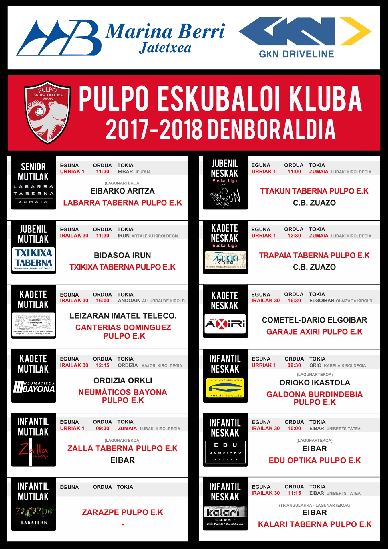  Pulpoko Eskubaloiko taldeen ordutegia