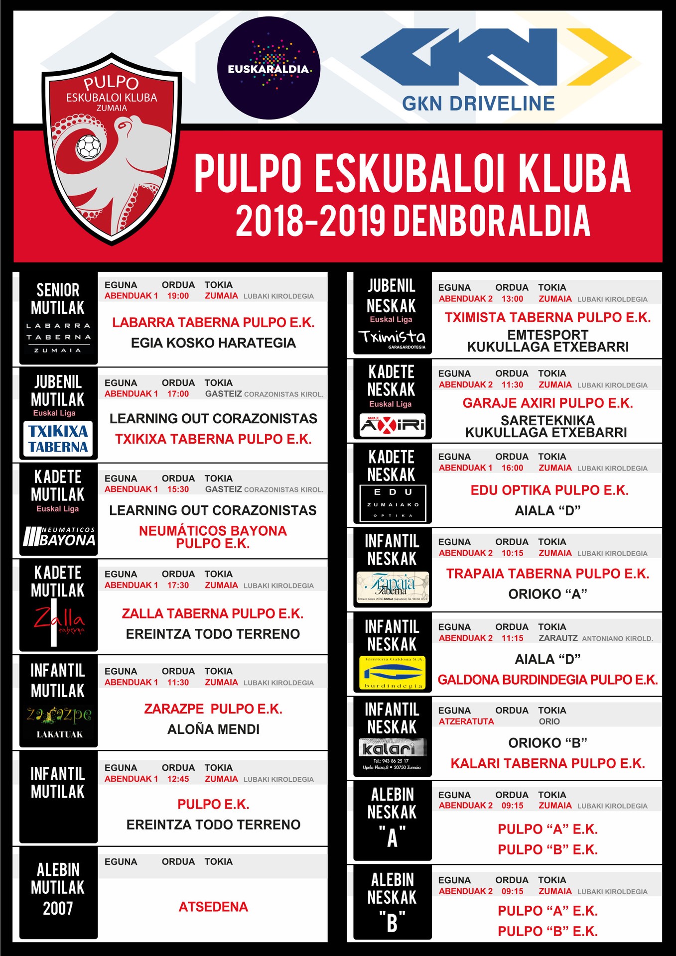 Pulpo Eskubaloiko partiduen ordutegia