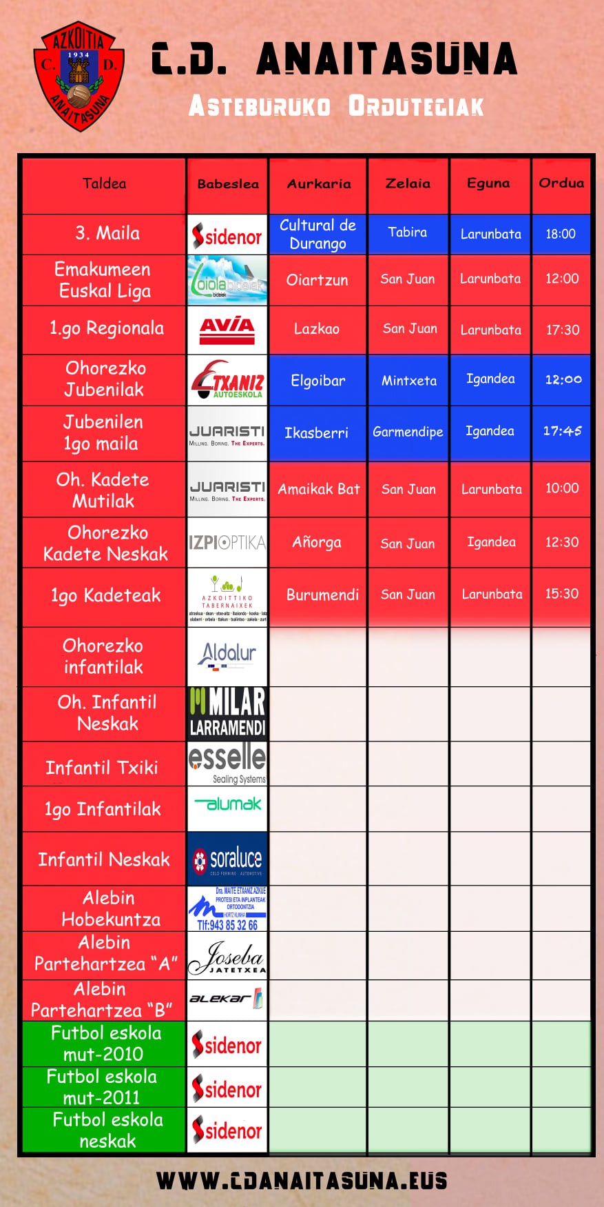 Anaitasunaren asteburuko futbol partiden ordutegiak
