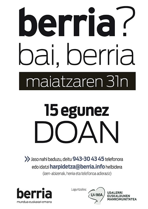 Oriotarrek aukera izango dute BERRIA egunkaria doan jasotzeko 15 egunez 