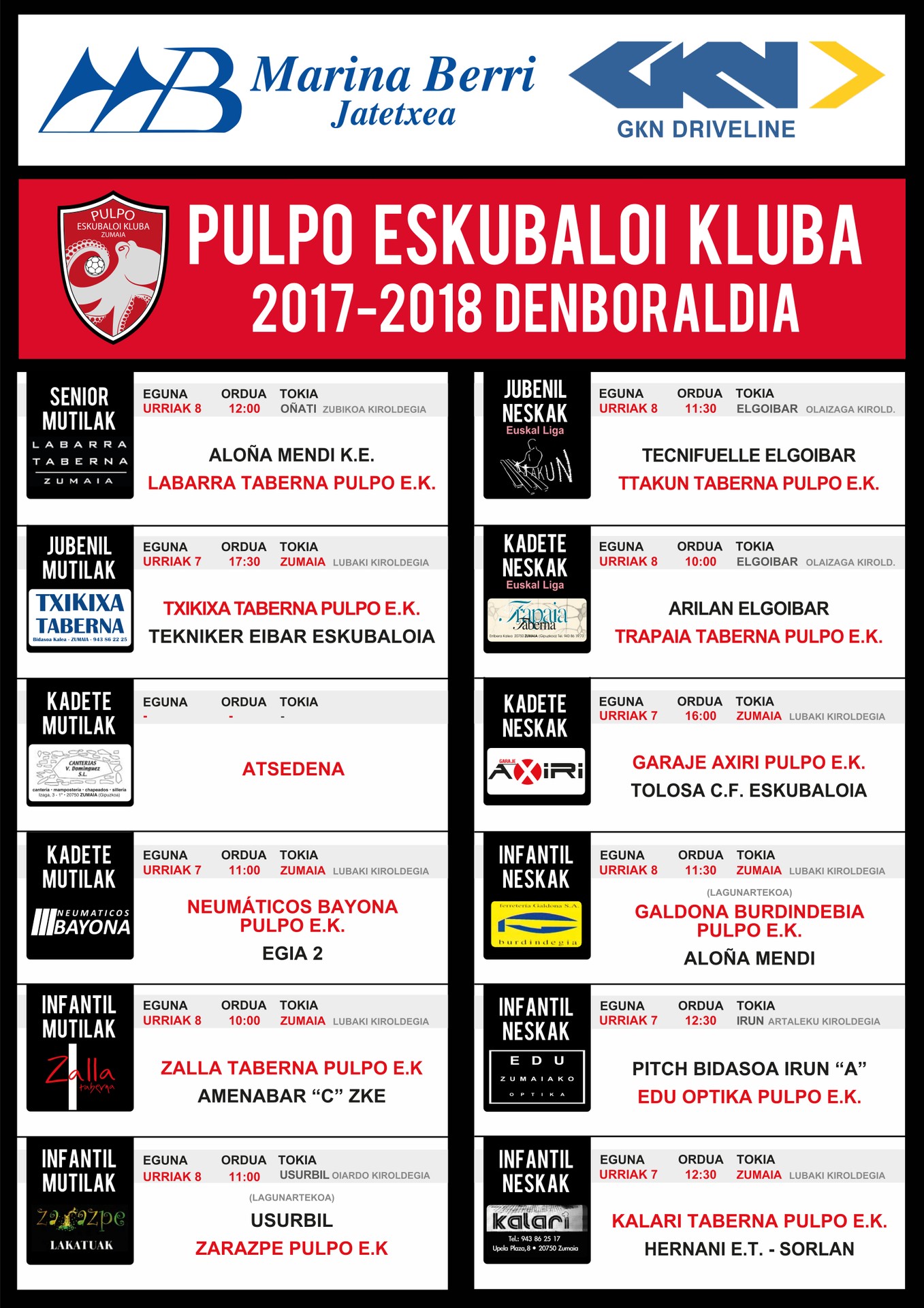 Pulpoko Eskubaloiko partiduen ordutegia