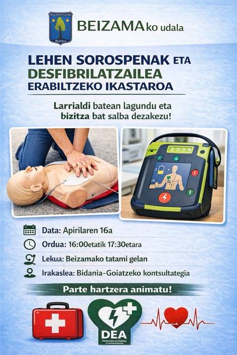 Ikastaroa: lehen sorospenak eta desfibrilatzailearen erabilera