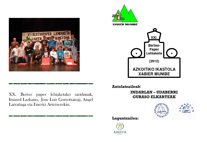 Azkoitiko Ikastola Xabier Munibe, XXI. Bertso-Paper Lehiaketa (2012)