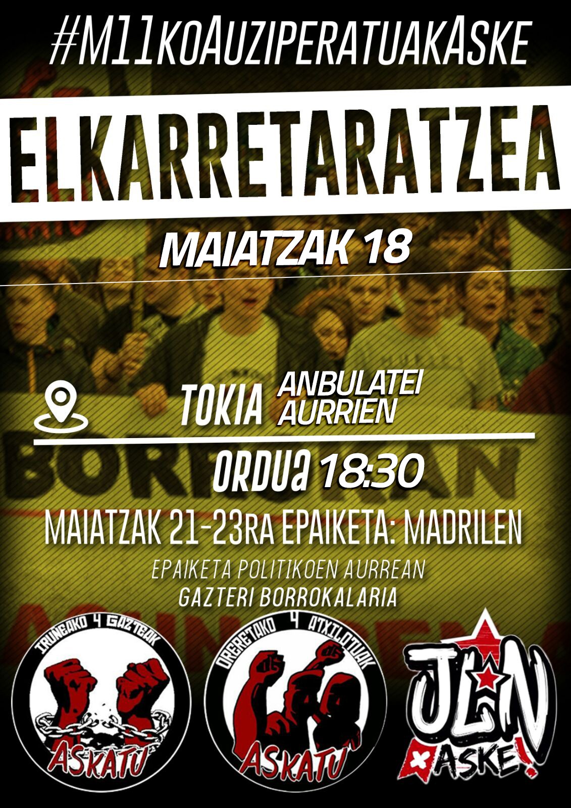 Errepresioaren aurkako manifestazioaren harira auzipetutako gazteei babesa adierazteko kontzentrazioa deitu dute biharko
