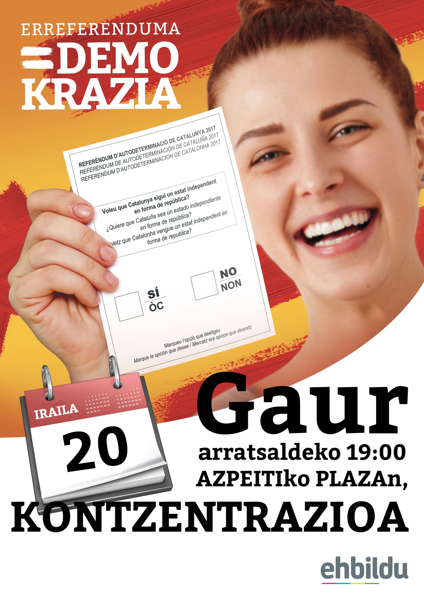 Kataluniari elkartasuna adierazteko elkarretaratzea deitu du EH Bilduk gaur arratsaldean