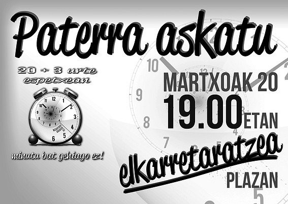 'Paterra askatu! Minutu bat gehiago ez' lelopean elkarretaratzea, bihar
