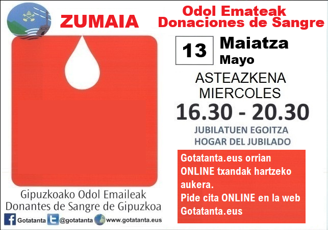 Maiatzeko odol ematerako txandak hartzeko epea ireki da.