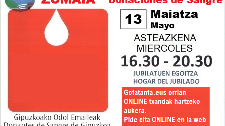 Maiatzeko odol ematerako txandak hartzeko epea ireki da.