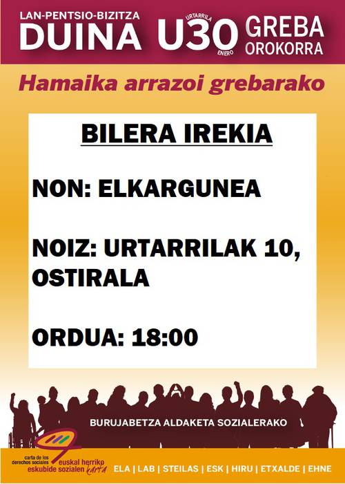 U-30 greba orokorraren inguruko bilera irekia