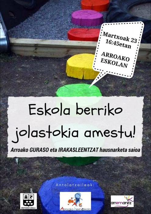 Arroabeko eskola berriko jolastokia diseinatzeko prozesu parte hartzailea jarriko dute abian, bihar
