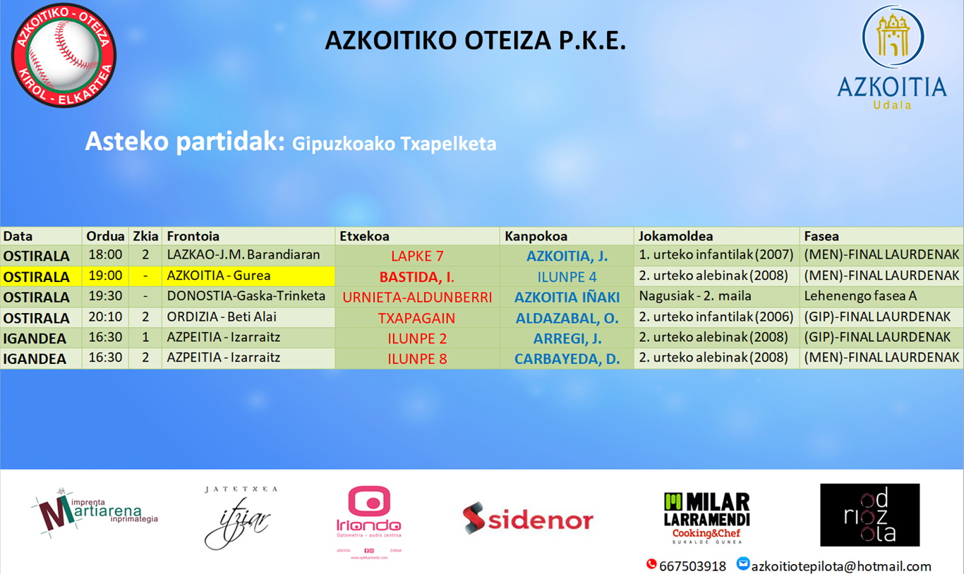 Aste honetako pilota partiden ordutegiak