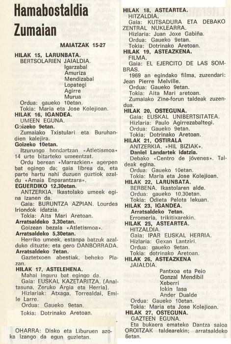 1976ko maiatzean antolatu zuten Euskal Kultur Hamabostaldia Zumaian