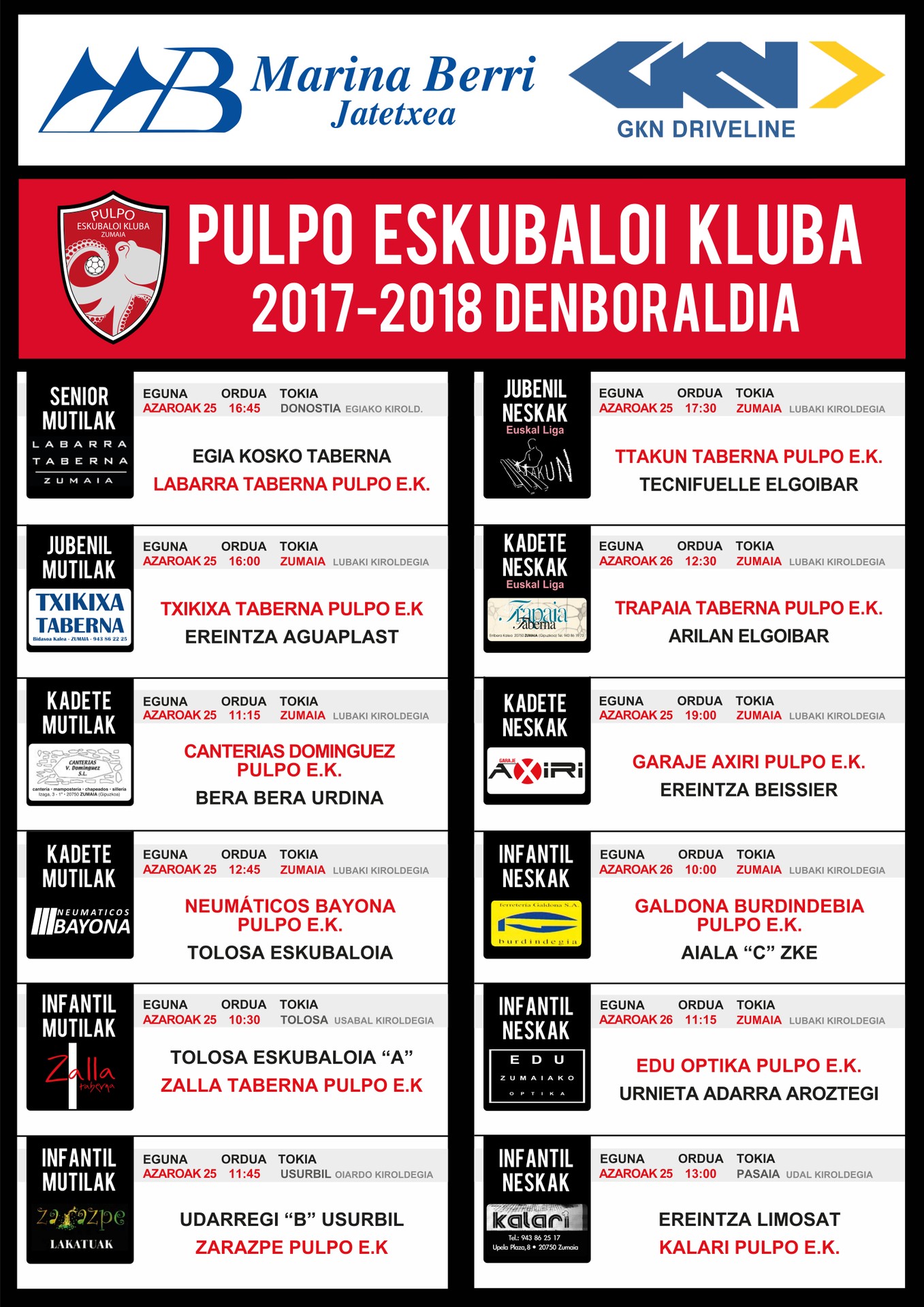 Pulpo Eskubaloiko partiduen ordutegia