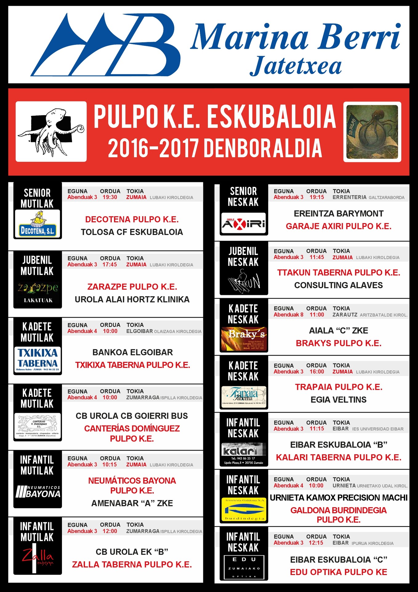 Pulpo Eskubaloiko astebukaerako partiduak