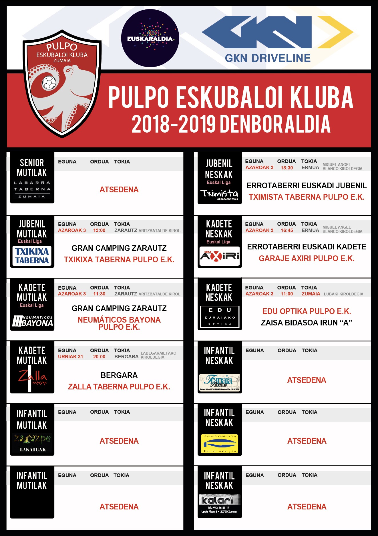 Pulpo Eskubaloiko partiduen ordutegia