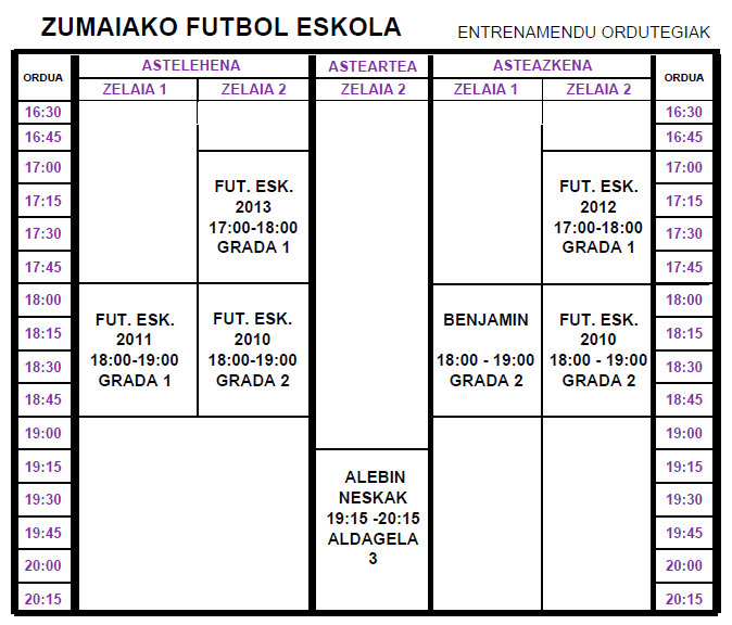 Z.F.T-ko Futbol eskolako ordutegia.